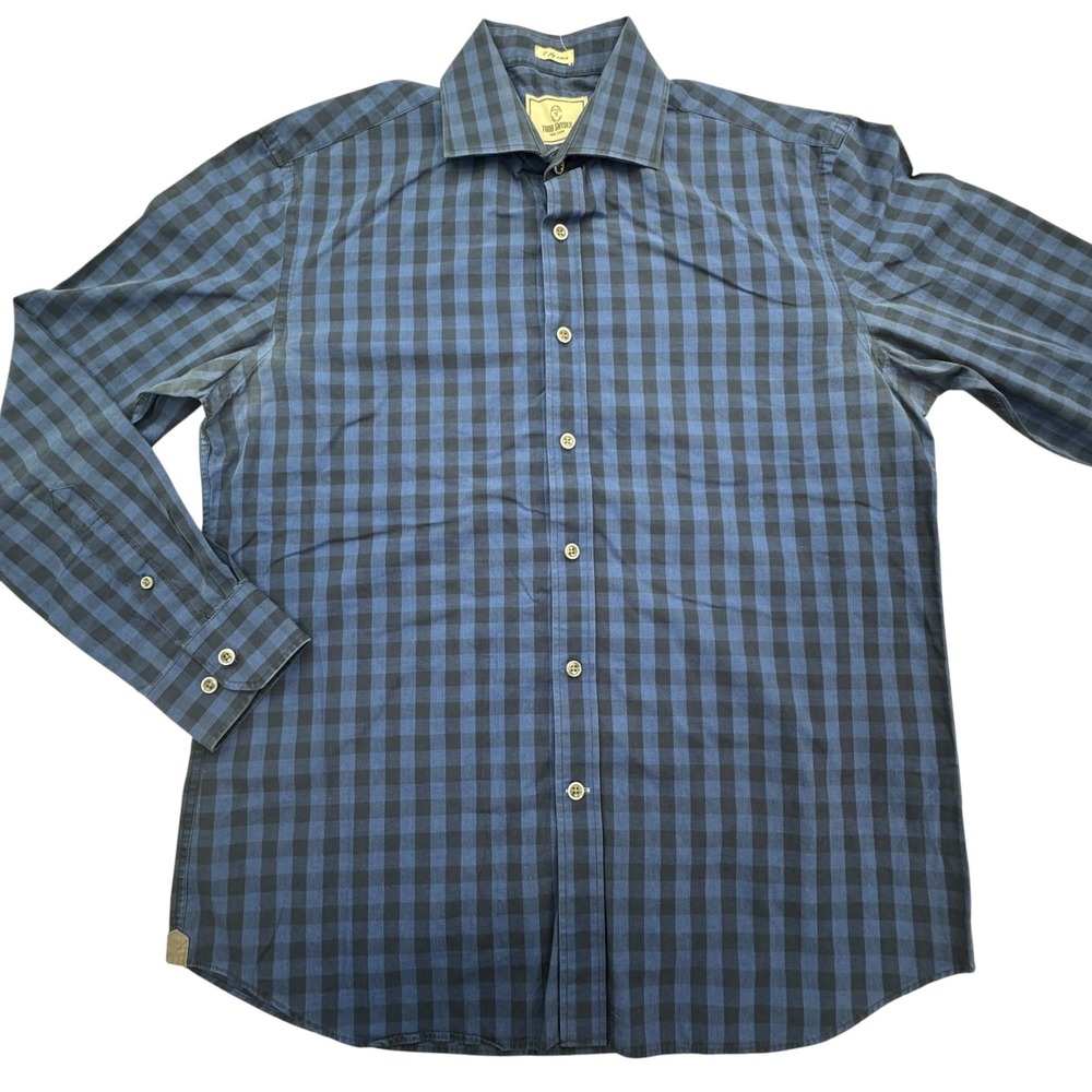 Todd Snyder Dress Shirt Mens 16 Blue Black Check 2-Ply Cotton Collared Button Up